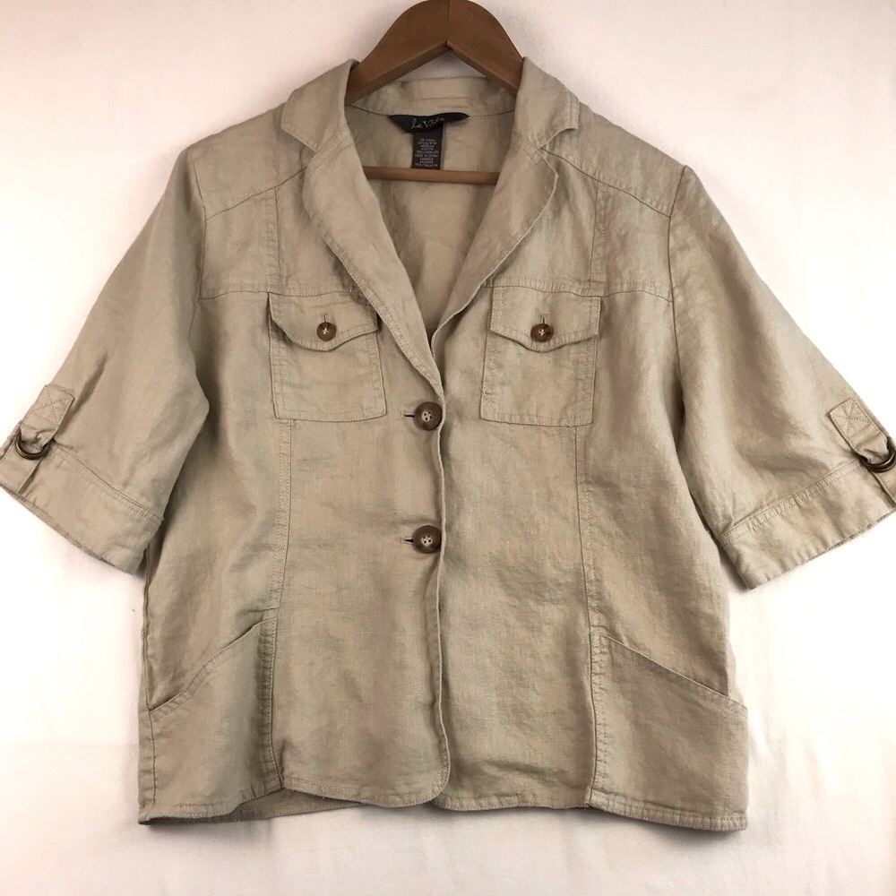100% Linen Safari Short Sleeve Button Front Collared Shirt Jacket 14 Natural